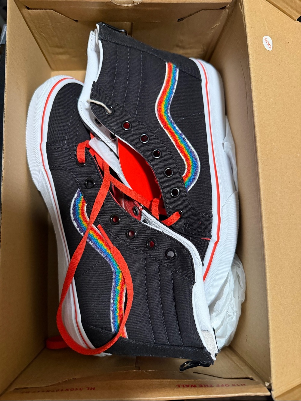 Vans Black Hi-Top Sneakers with Rainbow Stripe and Red Laces